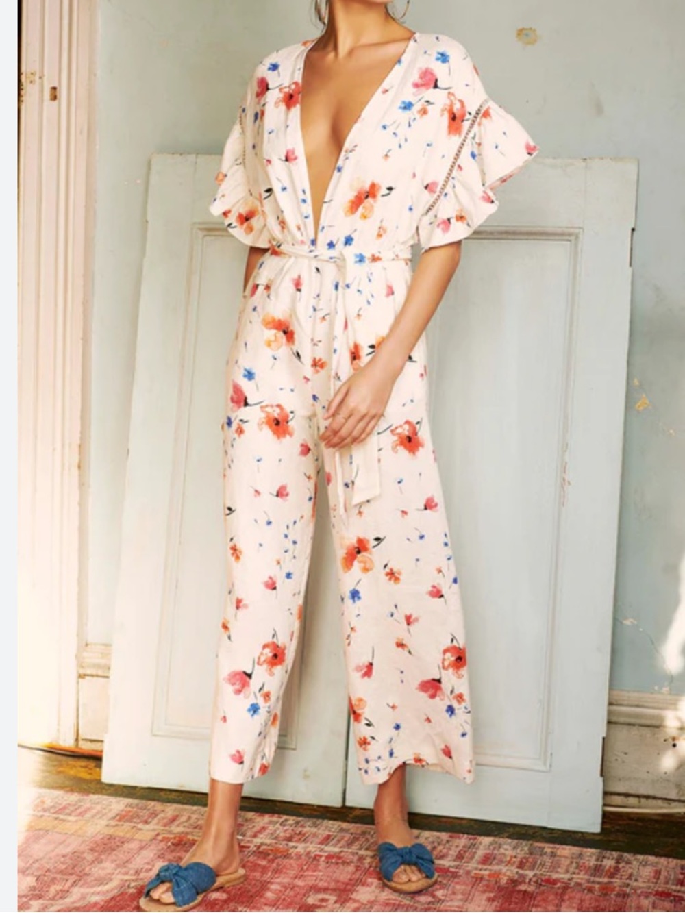 SAYLOR NWT mae floral linen deep v belted jumpsuit sz s